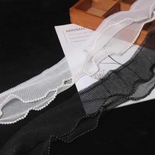 1YD 9cm Double-layer Pleated Mesh Stretch Pearl Clothing Accessories Fungus Fold Lace DIY Skirt Lace