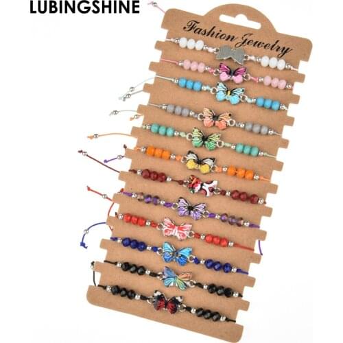 12pcs/lot Handmade Woven Rope Chain Bracelet Set Enamel Butterfly Bee Charms Crystal Beads Bracelets for Women Fashion Jewelry