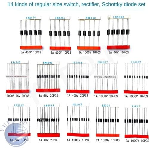 14Values=200pcs diode kit 1N5404 1N5406 1N5408 1N5822 1N4148 1N4001 1N4004 1N4007 1N5817 1N5819 RL207 FR207 FR107 UF4007 Assort
