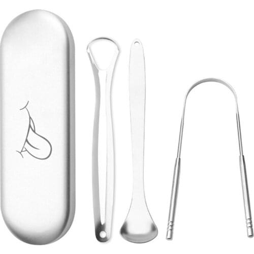 3pcs Tongue Cleaner with Travel Handy Case Stainless Steel Tongue Scraper Metal Brush Dental Kit Oral Care Dental Tool Adult