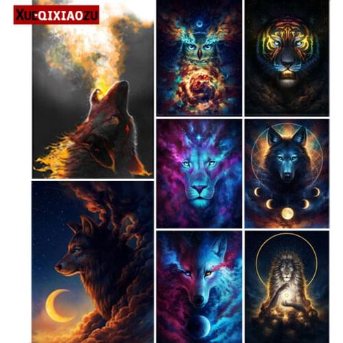 5D DIY Full Square Diamond Painting Wolf Tiger Owl Lion Deer Cross Stitch Embroidery Fluorescent Animal Mosaic Rhinestone Wall