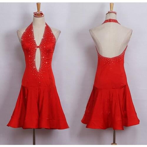 Shiny Diamond Latin Dance Dress Women Competition Performance Clothing Adult Female Costumes Deep V Sexy Red Holiday Dresses