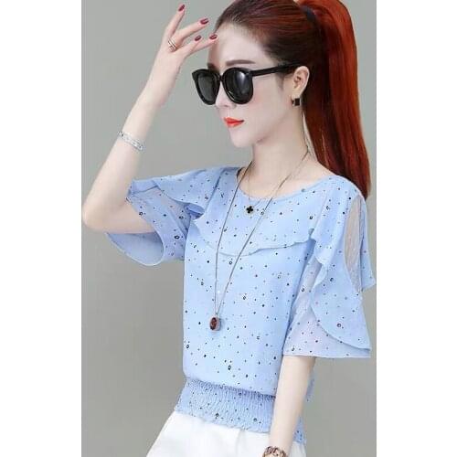 Off Shoulder Women Spring Summer Style Chiffon blouses Shirts Lady Casual Short Flare Sleeve O-Neck Dot Blusas Tops ZZ0592