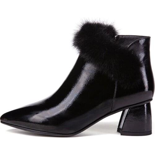 Winter Black Patent Leather Women Boots Fashion Round Toe Lace Up Ankle Boots For Women Warm Plush Women Winter Boots size34-43