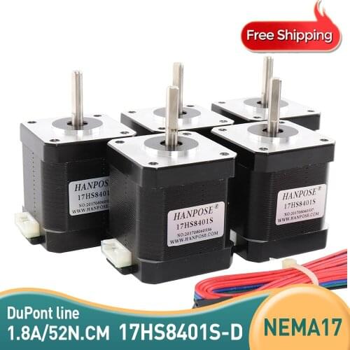 Free Shipping 5pcs 4-lead Nema17 Stepper Motor 48mm / 78Oz-in / 1.8a motor 1.7A 17HS8401S motor for 3D printer with DuPont line