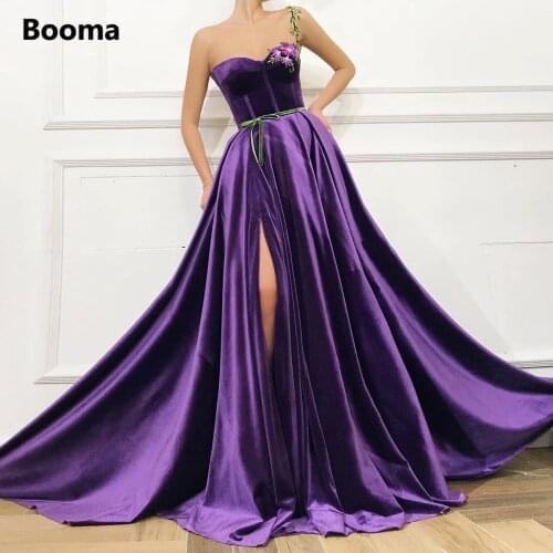 Booma Purple Velvet A-Line Evening Dresses Sweetheart Appliques High Slit Velour Evening Gowns Long Formal Party Dresses