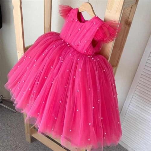 Fushia Infant Girls Dresses Puffy Girls Dresses Ball Gowns Toddler Girls Pearl Beading Fushia Girls Birthday Celebrity Dresses