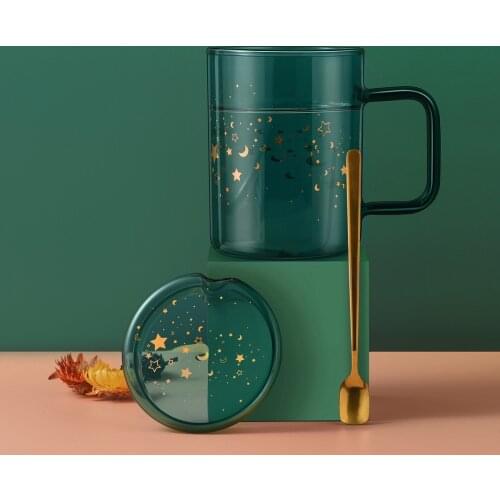 Creative Cute Cup Coffee Mug Whiskey Cocktail Tea Milk Water Double Wall Glass Cup with Spoon Lid Kubek Kitchen Supplies DF50BLB