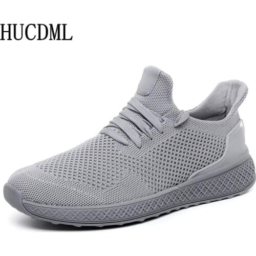 HUCDML Men Shoes Summer Mesh Breathable Light Mens Sneakers Solid Black Red Gray White Big Size 45 46 Support Dropshipping