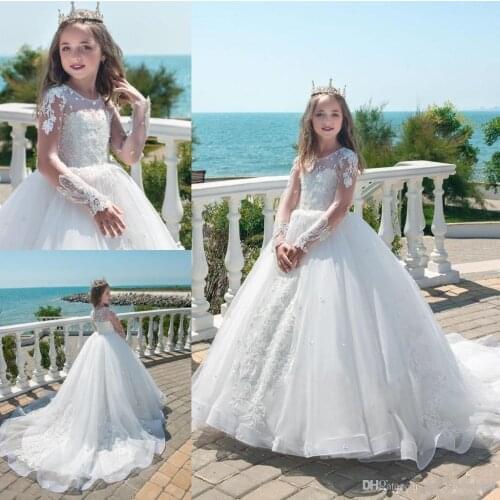 2021 Vintage Sheer Jewel Lace Appliques Tulle First Communion Dress Ball Gown Long Sleeve Flower Girl Dresses With Pearls