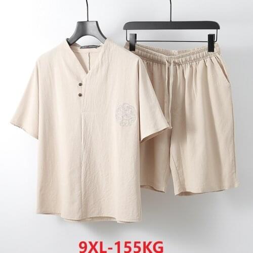 Summer Men chinese style T-shirt and shorts oversize 7XL 8XL 9XL tees Short Sleeve vintage v-neck linen home loose tops 160KG 70