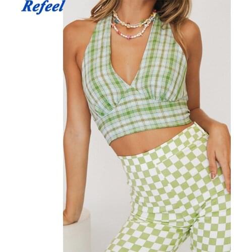 Sexy tank top women summer halter tops casual plaid tops sleeveless backless crop top korean fashion lace up top green purple