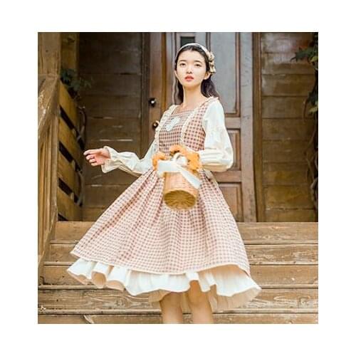 Pretty Lolita Girly Bow Tied Stringy Floppy Plaid Princess Cute Dress French Mori Girl Cottage Sweet Chic Dress Women Vestidos
