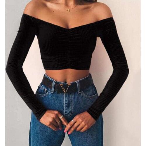 Fashion Casual Solid Slim Women Autumn Summer Sexy Off Shoulder Slash neck Top Free shipping T Shirts Long Sleeve Crop Tops