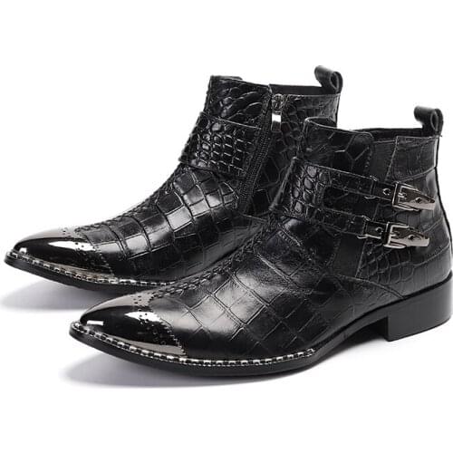 Buckle Strap Men Boots Genuine Leather Metal Pointed Toe Ankle Boots Fashion Weave Western Boots British Style Mens Dress Boots