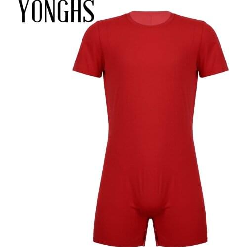 Mens Lingerie Sexy Bodysuit Invisible Zipper Rompers Jumpsuit Round Neck Short Sleeve Summer Sportswear Exercise Running Outfit