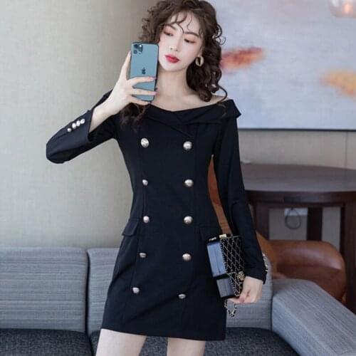 New arrival comfortable black formal dress temperamental Double breasted vintage elegant solid fresh cute mini a-line dress