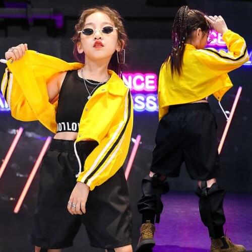 New Hip Hop Dance Costumes For Kids ChildrenS Yellow Jacket Loose Pants Suit Girls Jazz Street Dance Outfits Stage Wear DN7983