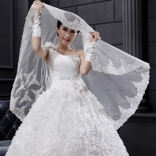 One Layer White Ivory Lace Appliqued Wedding Dresses Veils Bridal Accessories Veil For Bride