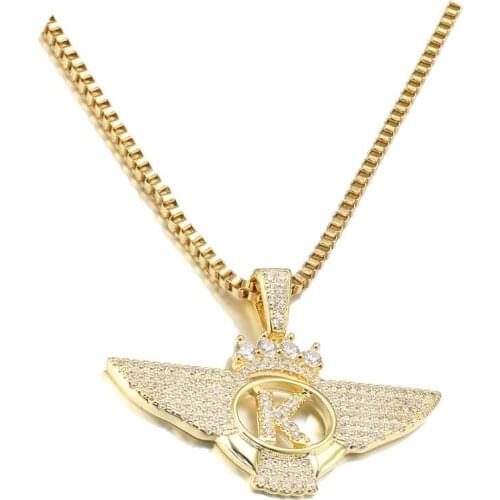 Men Zircon Name Initial Wing Letter Necklaces & Pendant Gold Silver Color Hip Hop Jewelry for Women Stainless Steel Rope Chain