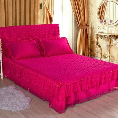 Thicker Warm Red Bedspread Fitted Sheet Pillowcases Cotton 1/2/3pcs Graceful Lace Bedding Bed skirt Wedding Housewarming Gift