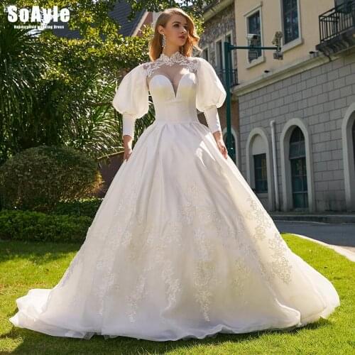 SoAyle #C003 Two in One Puff Sleeve Wedding Gown Lace Appliques Ball Gown Wedding Dresses Plus Size Vestido De Novia