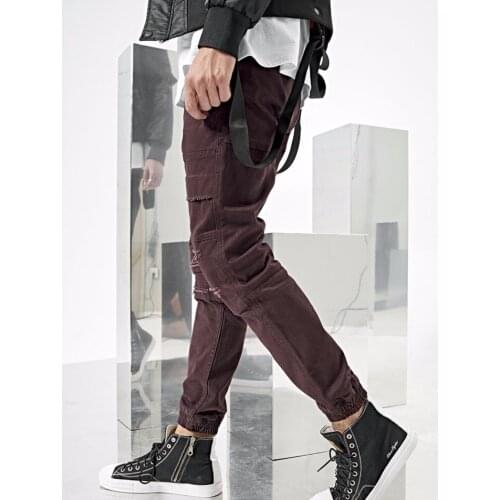 Maroon Destroyed Man Jogger Pants Broken Opening W0ashed Pants Fashion Man Trousers HipHop Guy Pants
