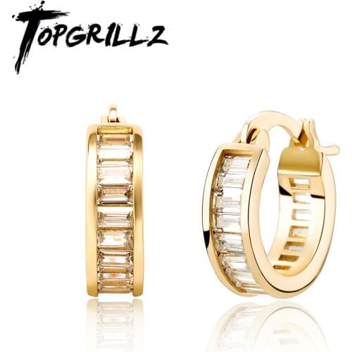 TOPGRILLZ 2021 New Baguette Zircon Hoop Earrings 14K Gold Plated Iced Out CZ Earrings Hip Hop Simple Fashion Jewelry Girls Gift