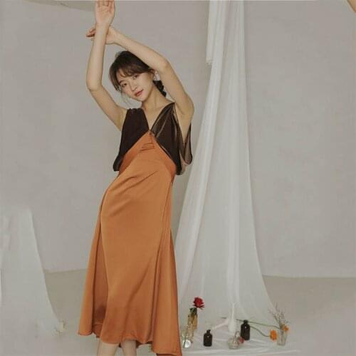 Vintage Brown Orange Stitching Dress Women Temperament Waist Thin Summer 2021 New Fashion Mid Length Lady Elegant Party Dress