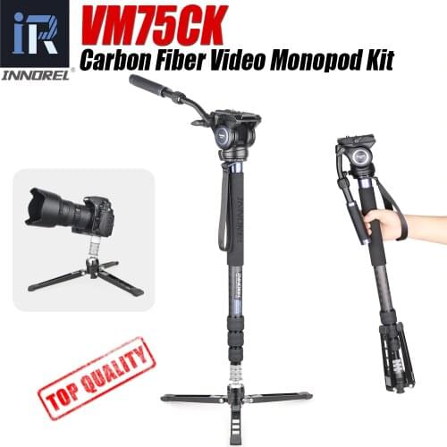 VM75CK Carbon Fiber Video Monopod Kit with Fluid Head Removable Tripod Base for Professional DSLR Cameras/Camcorders/Telescope