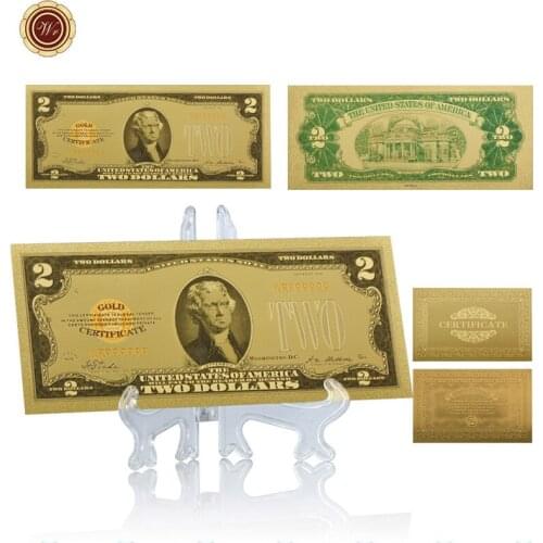 WR American Colorful 24k 999.9 Gold Banknote Usd 2 Currency World Paper Money Souvenir Gifts Collectible Bill Note with Stand