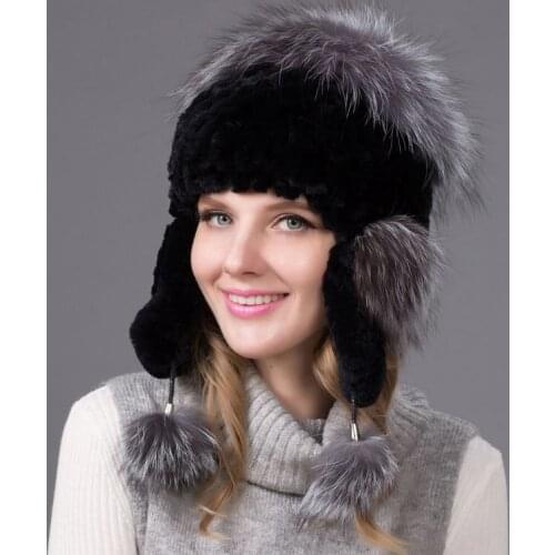Womens Bomber Hats Winter Rex Rabbit Fur Hat Warm Ear Hat Knit Bomber Hat Fox Fur Pompon Tiara Good Quality Party THY-34