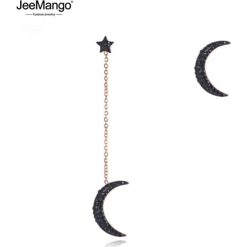 JeeMango Trendy Stainless Steel Star Moon Asymmetry Earrings Rose Gold Black Clay Rhinestone Praty Ear Jewelry For Women JE19167