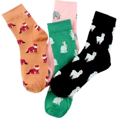 Korean Style Women Warm Casual Cotton Crew Socks Harajuku Cute Cartoon Elephant Rabbit Sheep Patterned Funny Hosiery Gift 094B