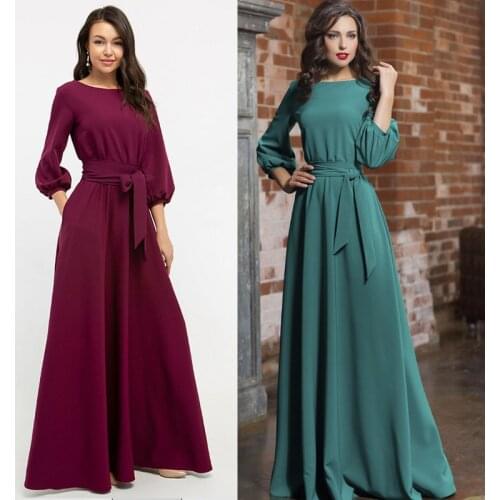 Vintage Bow Tie Maxi Long Green Dress Women Lantern Sleeve Elegant Bandage Dress2020 Solid O Neck Boho Floor-Length Dress Female