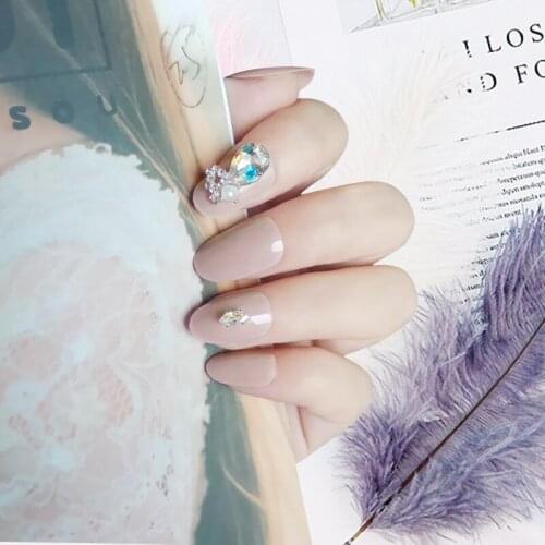 24pcs Sweet Nude Color False Nail Tip Manicure 3D Glitter Crystal Pre Design DIY Acrylic Artificial Fake Nail Patches With Glue