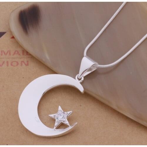 AN160 Pretty Silver Plated Necklaces For Women Wholesale Free Shipping Charm Christmas Gifts Fashion Jewelry Moon Star Pendant