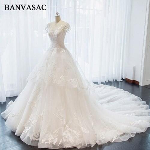 BANVASAC Sheer O Neck 2018 Lace Ball Gown Wedding Dresses Embroidery Appliques Real Photos Cathedral Train Bridal Gowns