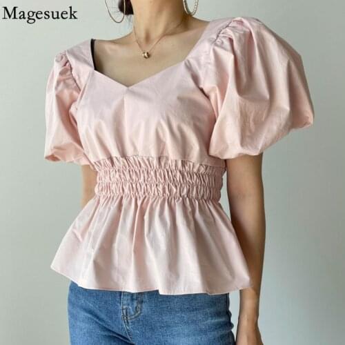 Korean Fashion Elastic Pleated Blouse Women Puff Short Sleeve Slim Tops Female Square Collar Summer Shirts 2021 Blusas 15556