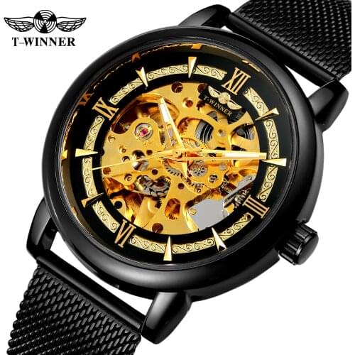 WINNER Top Brand Fashion Casual Men Mechanical Watch Blue Mesh Steel Thin Skeleton Dial Mens Watches Luxury Gold Business Clock