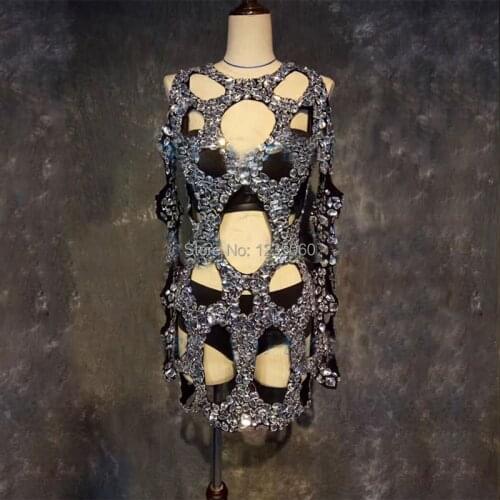 Black openwork stage costume set bar nightclub singer DJ ds GOGO dance costume shiny hand-sewn crystal dress Pole dance wear