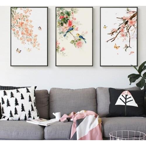 Chinese Retro Style Watercolor Pink Flowers Bird Butterflies Landscape Canvas Print Traditional Living Room Decorative Poster