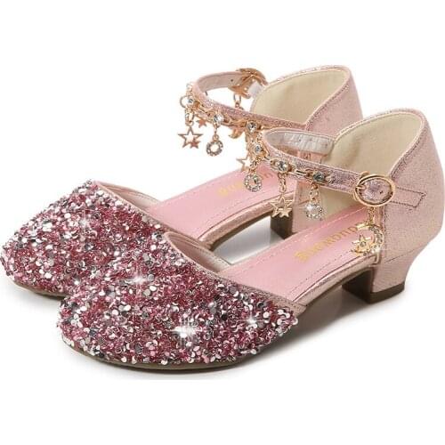 Children Crystal Leather Shoes 2021 Autumn New Girls Princess Shoes Hollow Sequined for Party Kids High Heels Fashion Chic Hot