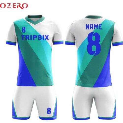 Custom soccer uniform with blue strips build jersey designs for football team