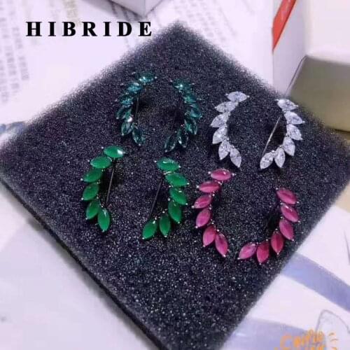 HIBRIDE New Design Colorful CZ Women Stud Earrings Cuff Green Leaf Shape Stone Earring Boucle D'oreille Pendientes Mujer E-409