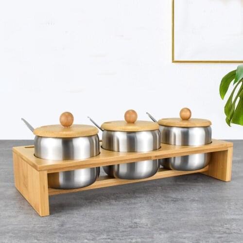 304 Stainless Steel Seasoning Pot Fashion Anti-Corrosion Seasoning Pot Sugar Salt Cup with Spoon with Bracket Kitchen Supplies