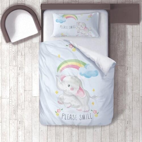 Duvet Cover Set Bedding Set Pillow Case for Baby and Kids Room 3D Printed Light Blue Smile Elephant Rainbow Model 173