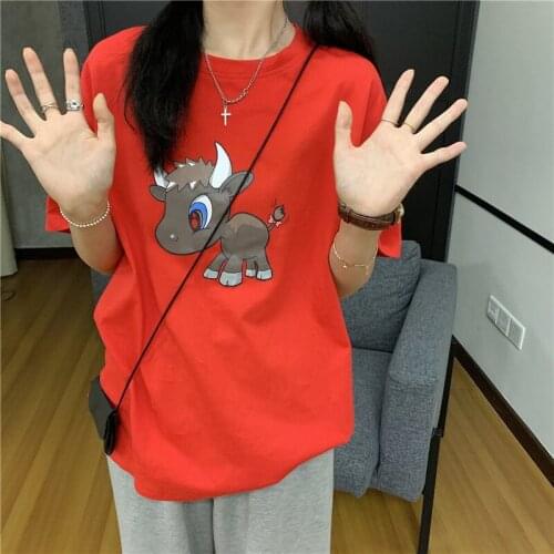 Summer college style cartoon print half-sleeved mid-length loose cotton T-shirt all-match casual women