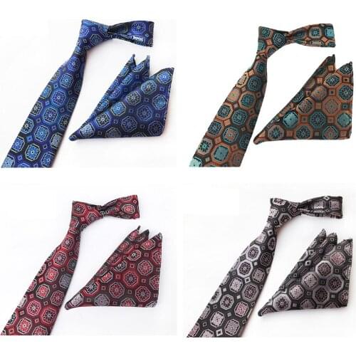 Men Vintage Geometric Flower Wide Necktie Wedding Handkerchief Pocket Square Set BWTHZ0503