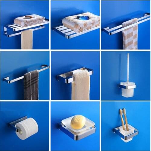 Bathroom Accessories Set Solid Brass Chrome Square Towel Rack Toilet Brush Holder Paper Holder Corner Shelf Bath Hardware Set